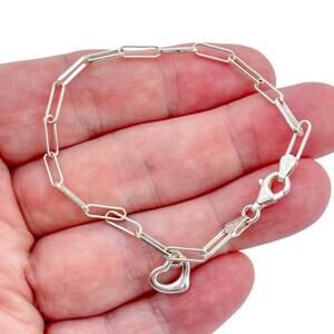 Vintage Sterling Silver 925 Paperclip Chain Heart Bracelet 7"